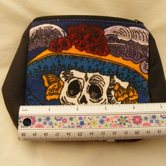 DIA DE LOS MUERTOS Sm bag, 4.75x4.5x2.5 Southern Belle, Zipper, Canvas - Picture 2 of 8